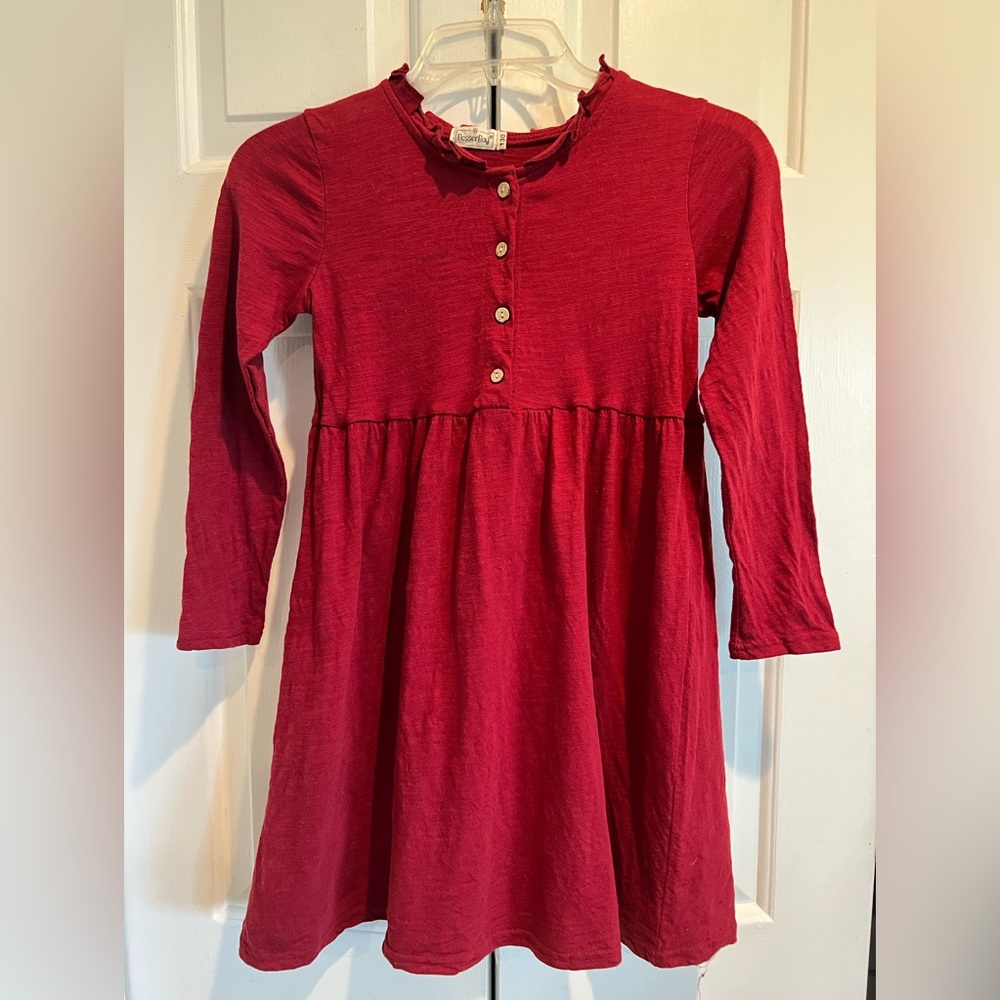 BESSERBAY Long Sleeve , Casual, Maroon Dress w 4 Button Front & Gathered Skirt